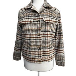NWOT Joie Brown Neutral Plaid Cropped Shacket Wool Blend Jacket - Women XS